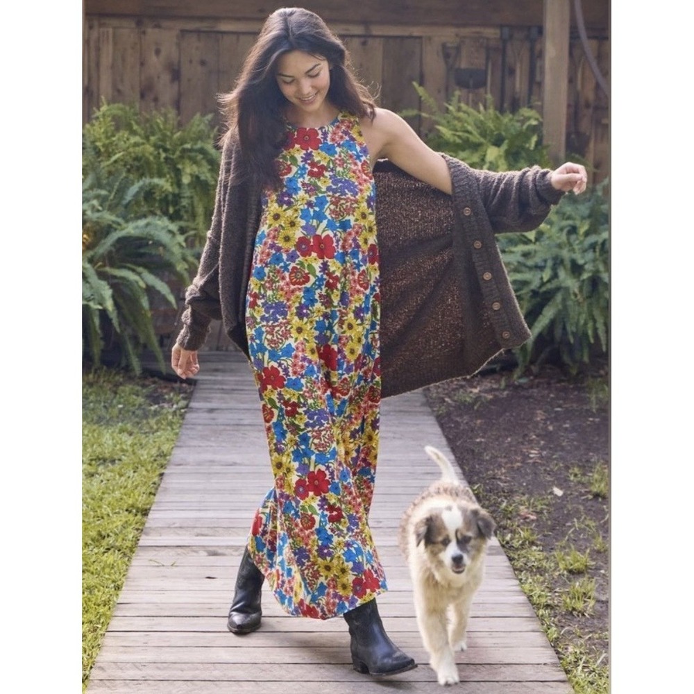 Natural Life Katie Floral Maxi‎ Dress S/XS Sleeveless Bright Flowy Vacay Pockets